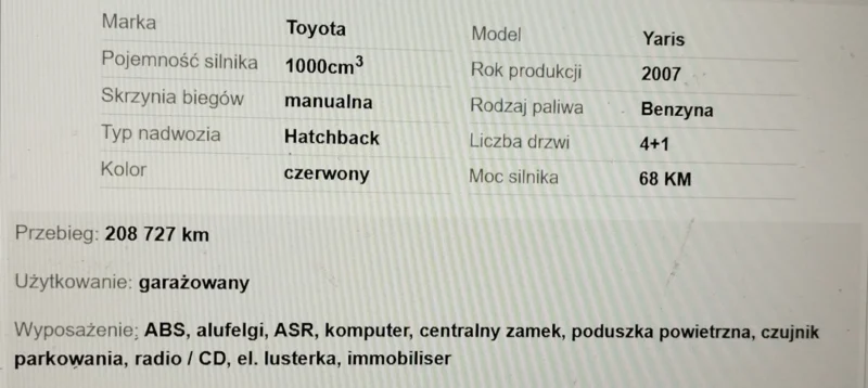 Toyota Yaris rocznik 2007