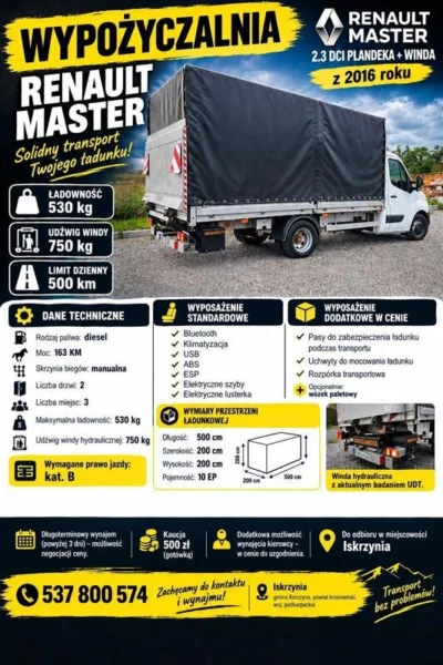 Wynajmę Wynajem busa Renault Master plandeka z windą