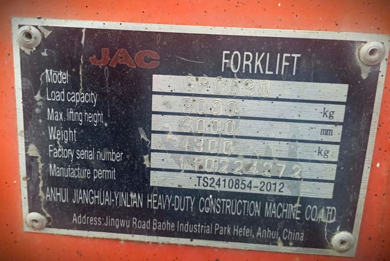 Wózek widłowy JAC , 3T, 2012r