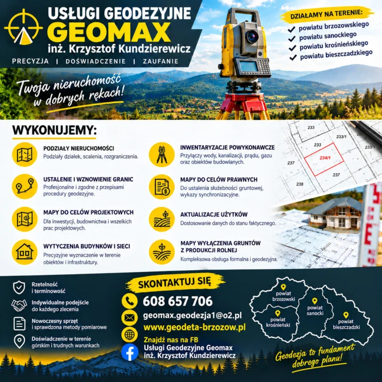 GEODETA BRZOZÓW, USŁUGI GEODEZYJNE: MAPY, INWENTARYZACJA, TYCZENIE, PODZIAŁ, USTALENIE, WZNOWIENIE